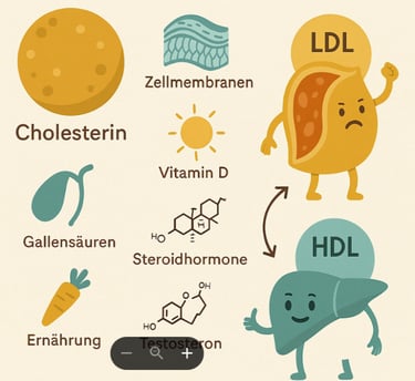 Grafik zur Cholesterinaufklärung: zeigt die vielfältigen Funktionen von Cholesterin im Körper – von 