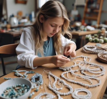 Hands carefully crafting jewelry with natural stones and tools.