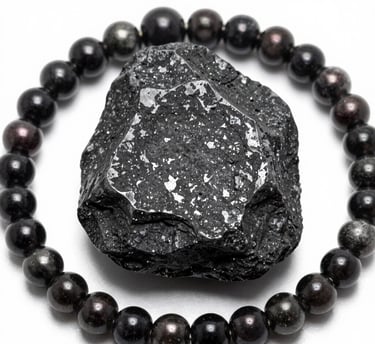 Polished blue labradorite stone encircled by a matching beaded gemstone crystal bracelet on a white background.