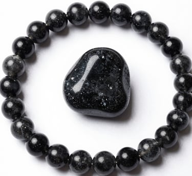 Polished black galaxy obsidian stone surrounded by a matching beaded healing crystal bracelet.