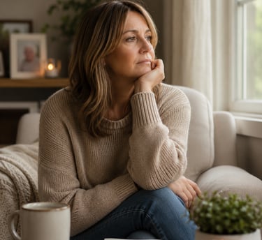Family caregiver sitting alone in reflection after setting a difficult boundary with aging parent