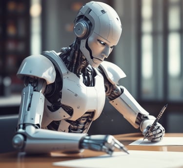 A sleek white humanoid robot sits at a desk, using a pen to write on paper, representing AI content generation.