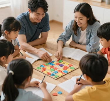 A lively group reading a theatrical story with expressive gestures in a cozy room.