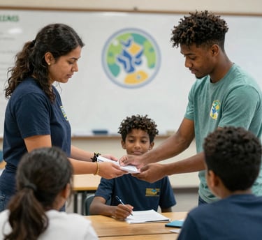 A caring mentor helping a foster youth with homework in a cozy, welcoming setting.