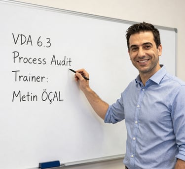 A professional instructor giving a presentation to a group around a conference table with a light blue background.