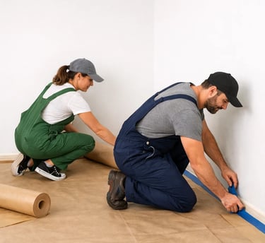 a man and woman are working on a floor