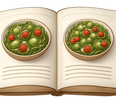 An open illustrated cookbook showing two different healthy salad recipes on its pages.
