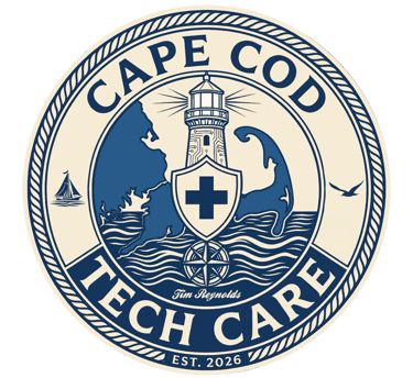 Cape Cod Tech Care logo featuring a lighthouse, medical cross shield, and coastal map imagery.