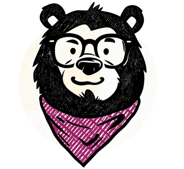 Illustration of a bear with a friendly grin, wearing glasses and a bandana around his neck.