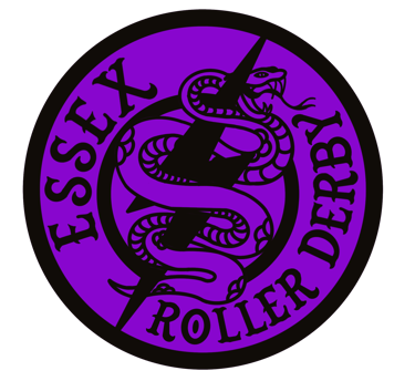 Essex roller derby logo in purple. lightening bolt with snake coiled around