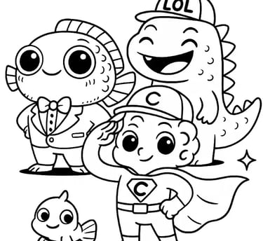alt="Finbrööt Magnifico, LOLzilla, and Captain BRAINBRÖÖT characters together – funny printable coloring heroes for kids"