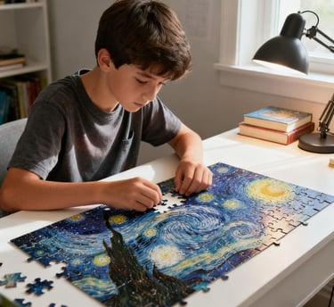 A boy is doing a jigsaw puzzle.