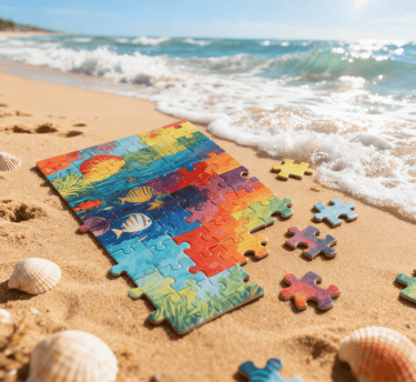 There has an unfinished jigsaw puzzle and some seashells on the beach.