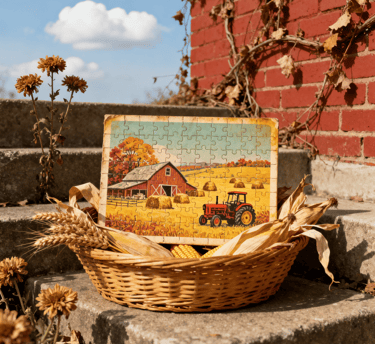 The basket contained a completed jigsaw puzzle and some wheat and corn.
