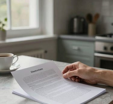 Wide shot of a person sitting at a kitchen table reviewing a printed document, natural window light from the side, coffee cup visible, calm domestic setting, no face shown