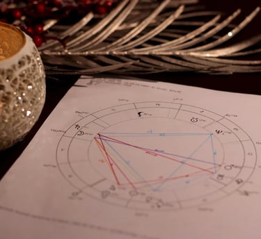 A printed birth chart for astrology reading next to a glowing candle holder and silver leaf.