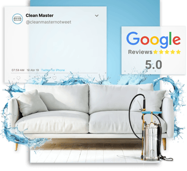 sofá impermeabilizado cercado de água ao lado de equipamento profissional e selo de 5 estrelas do google