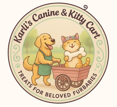 a dog pushing a cart with kitty in it holding a dog bone