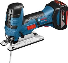 Bosch 18V cordless barrel-grip jigsaw with battery for professional woodworking and precise cutting.