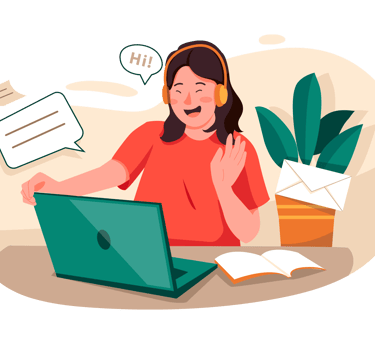 "Illustration of a happy adult with stroke engaging in online speech therapy with a laptop