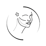 Minimalist facial diagram showing jawline contouring and skin lifting procedure with arrows.