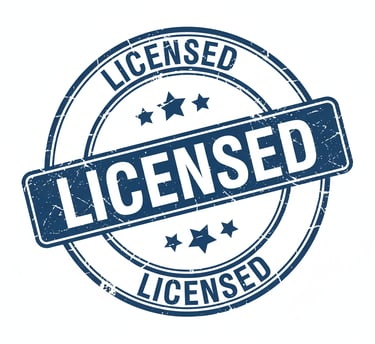 a blue and white sign with the word licensed