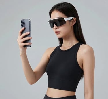 A sleek, digital avatar of a confident woman with green-tinted glasses and a minimalist futuristic style.