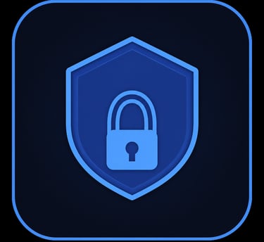 A blue glowing cyber security icon featuring a padlock inside a shield for data protection.