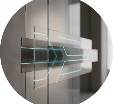 Modern glass door handle with glowing teal digital circuit patterns for a futuristic smart home.