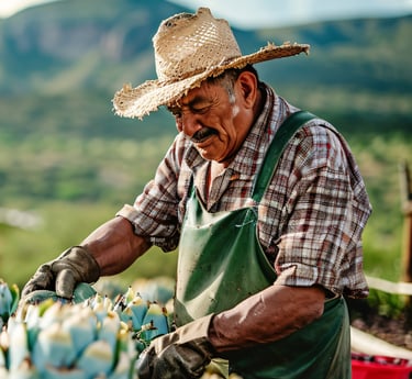 Hombre con sombrero en los cultivos de mezcal de Lu Mezcal