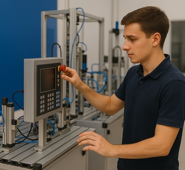 a man in a blue shirt is holding a red button