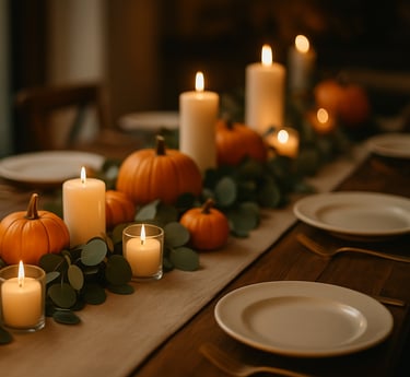 Thanksgiving table decoration with dried wheat, pampas, mini pumpkins, and candles.