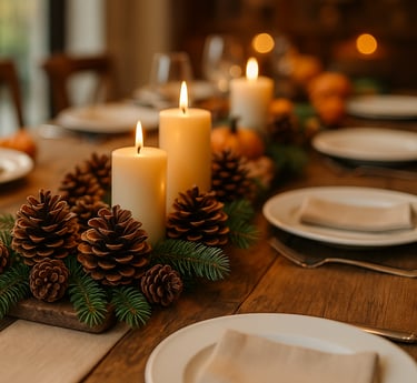 Thanksgiving centerpiece of pinecones, evergreens, and glowing candles on a rustic table.