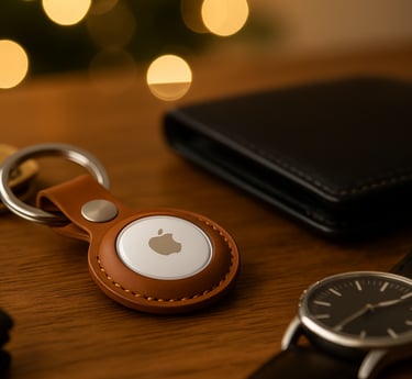 Apple AirTag in leather keychain on wooden desk with keys, wallet, and watch.
