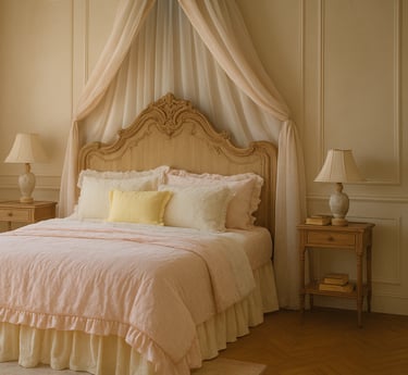 Chateaucore bedroom with carved wood headboard, ruffled linen bedding, pastel walls, and a porcelain