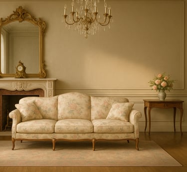Chateaucore living room in natural daylight with a pastel palette, floral upholstery, and layered te