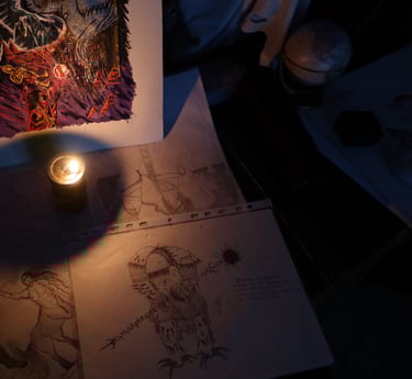 Dessins, peinture et croquis de Dark Fantasy, avec héros et monstres féeriques magiques.