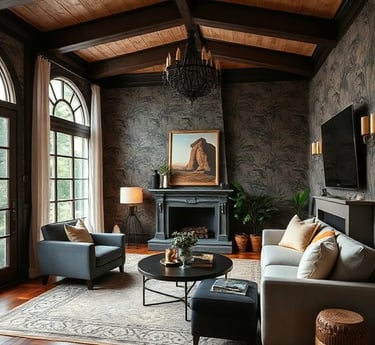Rustic living room with dark wallpaper, wood beamed ceiling, stone fireplace, and modern furniture.