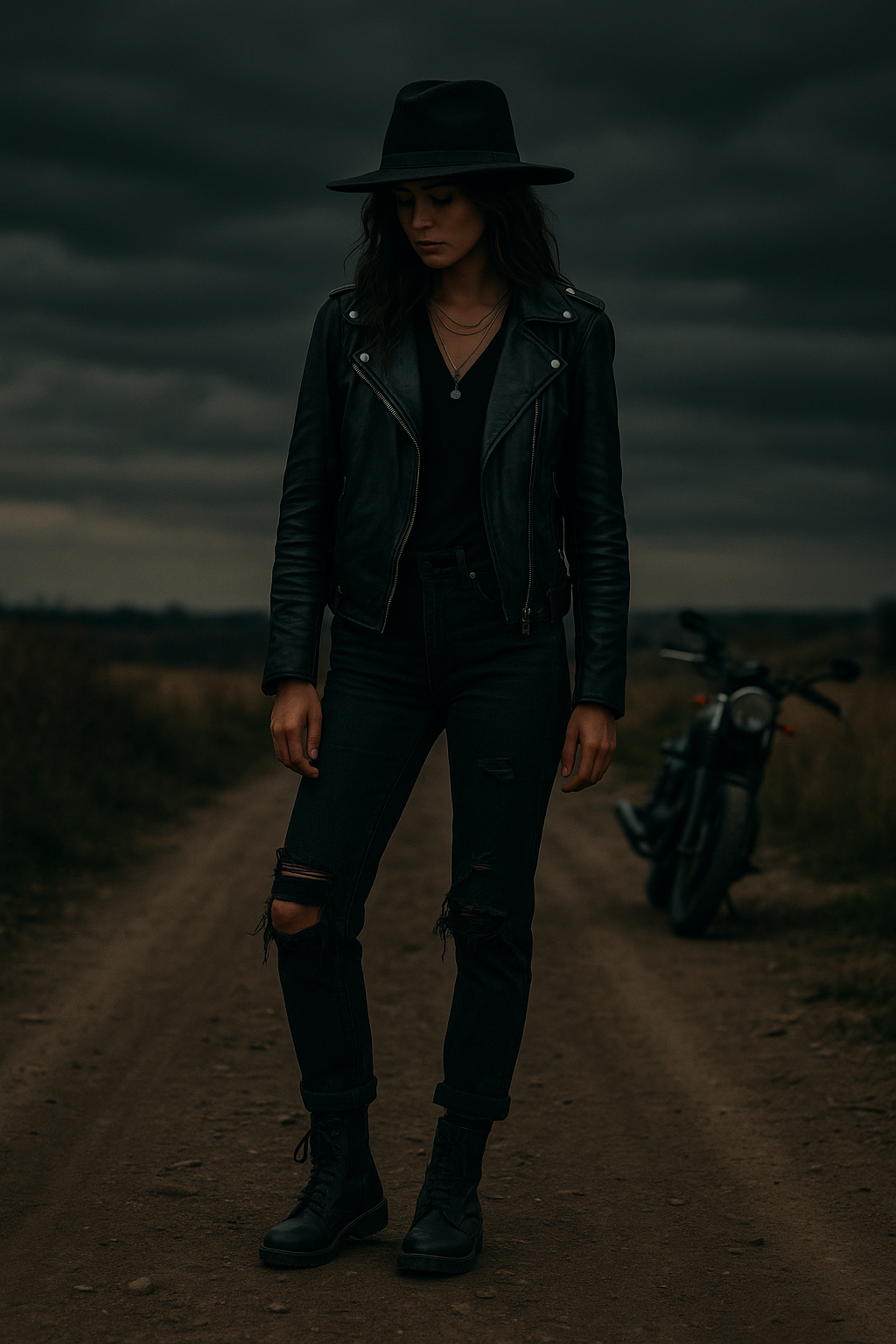 Woman in a black leather jacket, distressed jeans, and boots stands off-center on a rural dirt road 