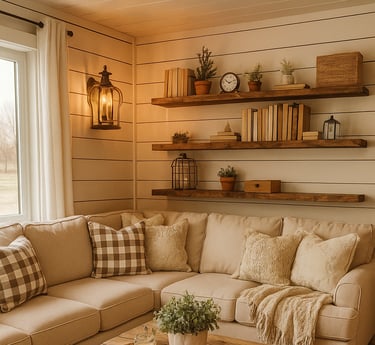 Open farmhouse living room with linen sofa, rustic wood coffee table, neutral throw pillows
