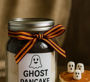 Ghost Pancake Mix Jar with Orange-Black Ribbon