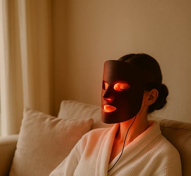 Woman in a white robe reclining on a beige sofa with a glowing red light therapy mask, cozy blanket