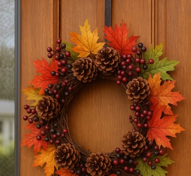 a handmade autumn wreath decorated with pinecones, red berries, and colorful fall leaves