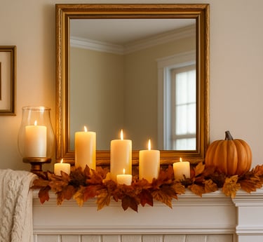 fireplace mantel decorated with glowing pillar candles in various heights