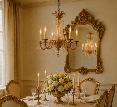 Elegant dining room with a velvet runner, brass candlesticks, pastel floral centerpiece.