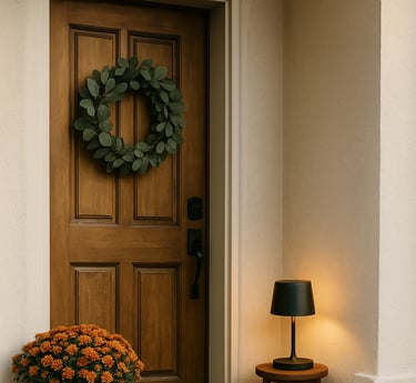 Small front porch with eucalyptus wreath, basket mums, layered plaid rug + coir doormat, pumpkins