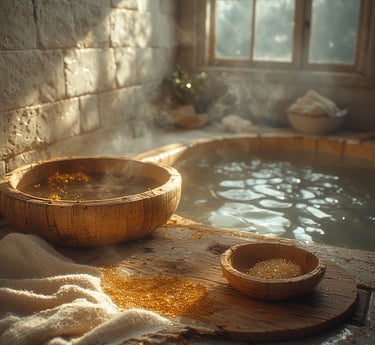 A warm golden-hued tub scene with wooden bowls and natural fibers.
