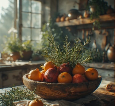 Seasonal fruit centerpiece with oranges and rosemary in rustic bowl