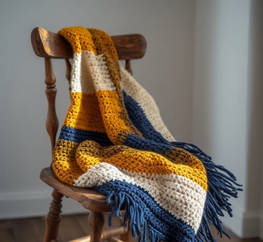 Modern crochet color block scarf folded on wooden chair with three bold tones
