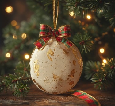 Ivory ornament with tartan ribbon and gold brushed edge.